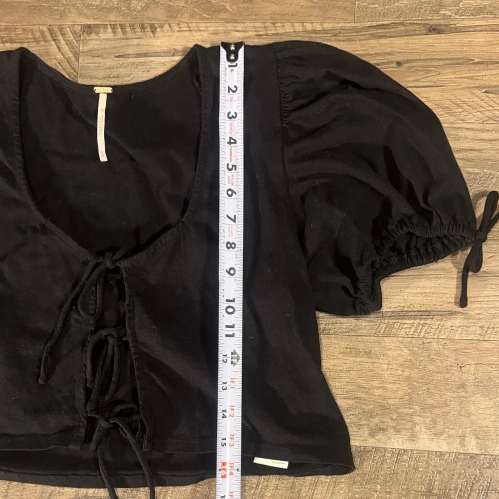 Free People 100% Cotton Black Puff Sleeve Front Tri-Tie Closure Top - Size M